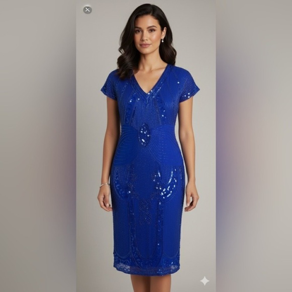 Jewel Queen Royal Blue Beaded Sequined Art Deco V Neck Short‎ Sleeve Dress Small